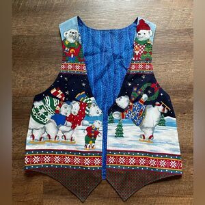 Vintage Granny Christmas vest handmade polar bears ice skating holiday HANDMADE